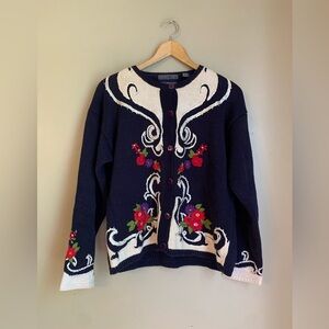 Herman Geist Sweater Cardigan Floral Hand Embroidered Grandma Core vtg cottage